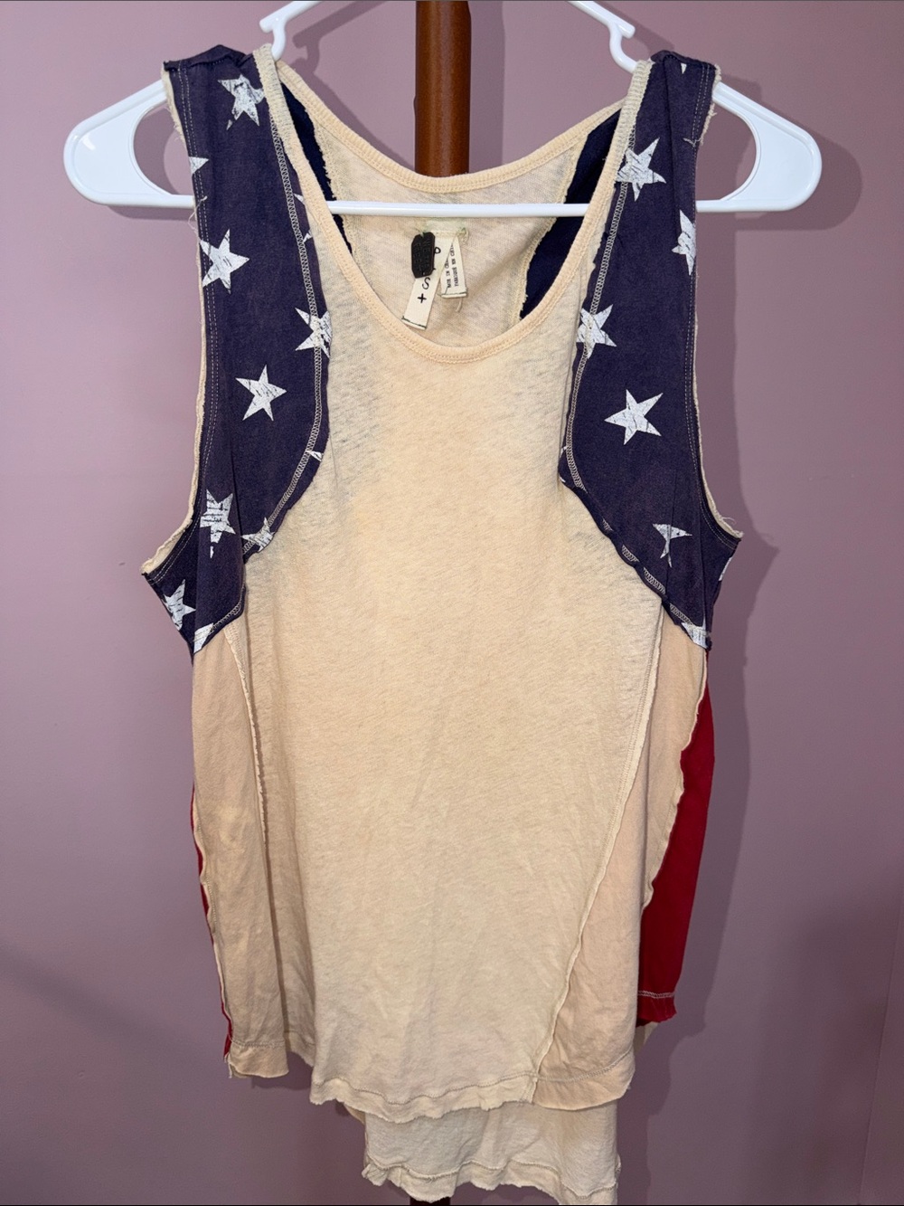 We The Free Beige Tank with Navy Star Shoulders and Red Side Panels